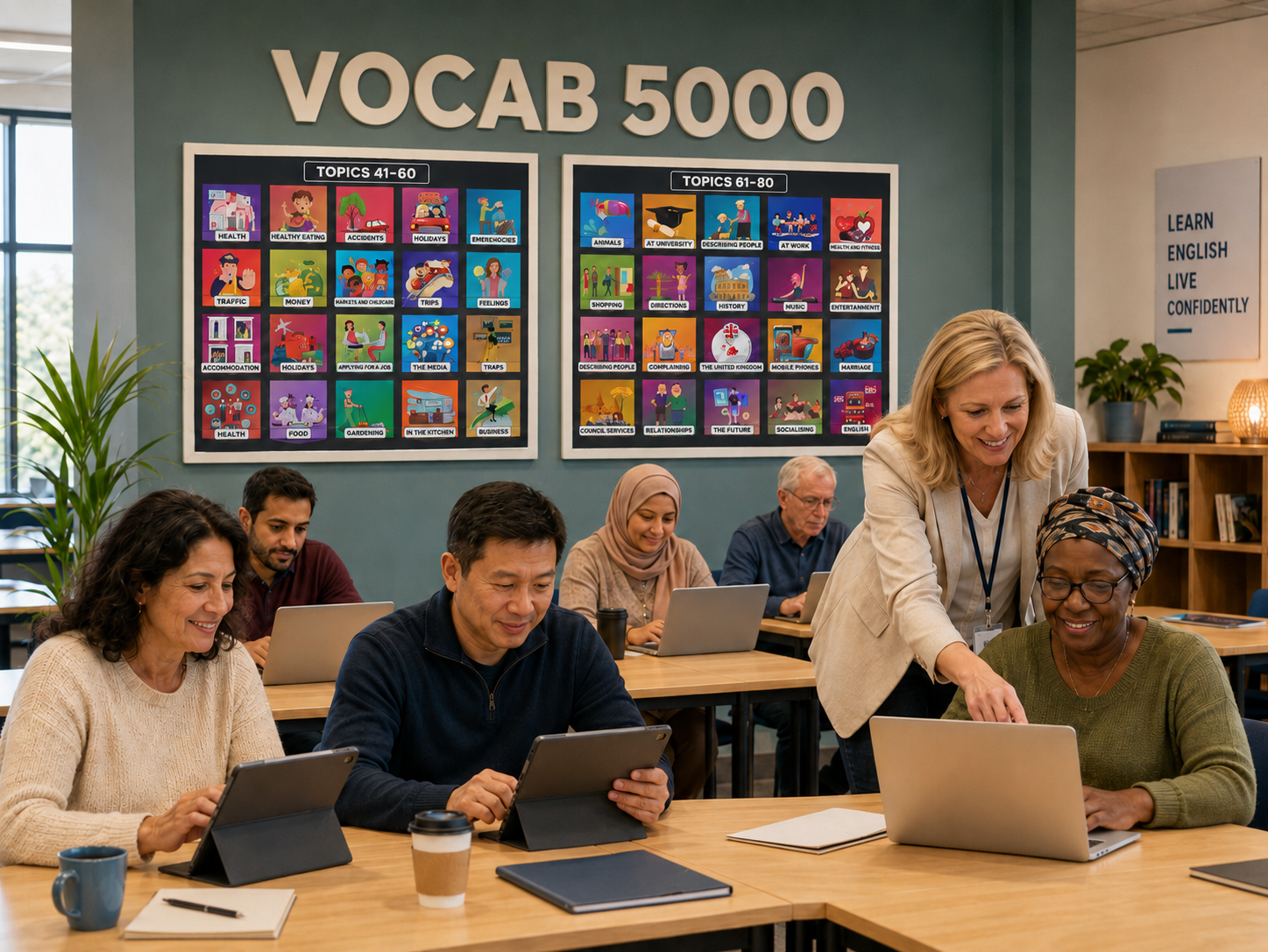 A teacher helping an adult learner on a laptop in a classroom with VOCAB 5000 topic posters on the wall