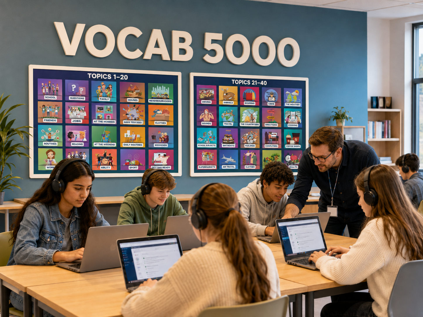 A teacher helping a group of students working on laptops in a classroom, with VOCAB 5000 topic posters on the wall behind them