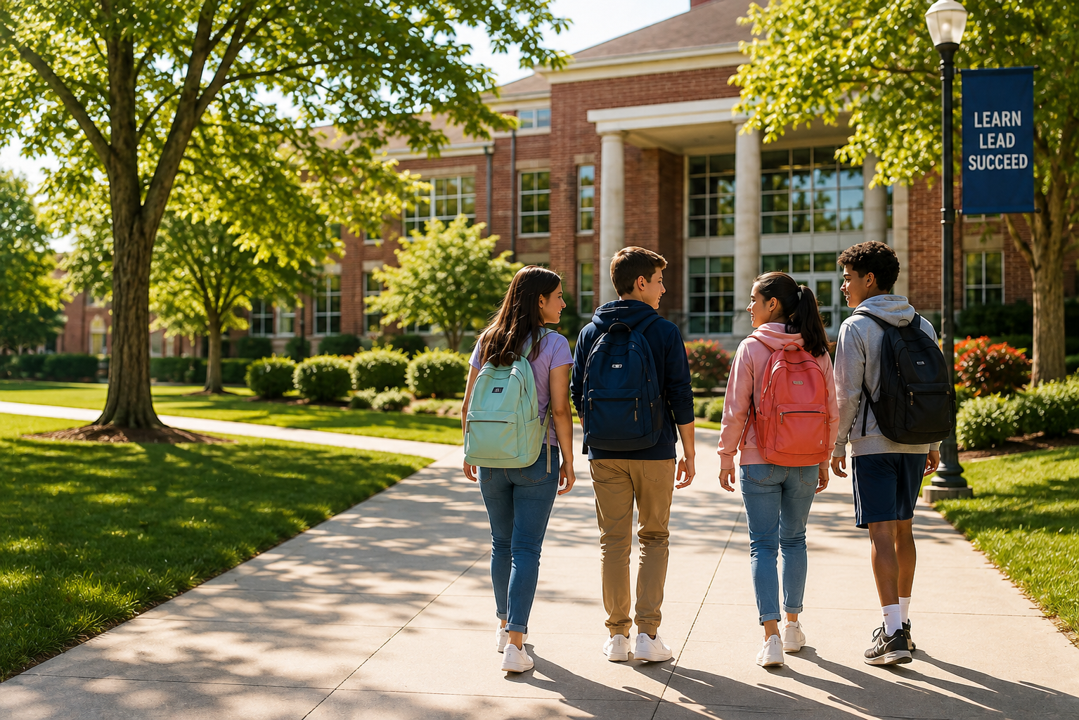 Four students with backpacks walking together toward a school building