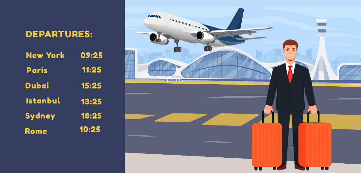Illustration for the Air Travel topic: an airport departure board and a traveller with luggage on the runway